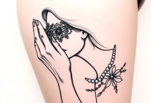 Black and white profile of woman with chin pressed on hand, lace covering  her eyes while biting on pearl necklace tattoo idea