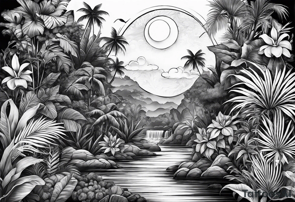 full sleeve tattoo with jungle plants, ocean, moon, stars, tattoo idea