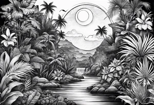 full sleeve tattoo with jungle plants, ocean, moon, stars, tattoo idea