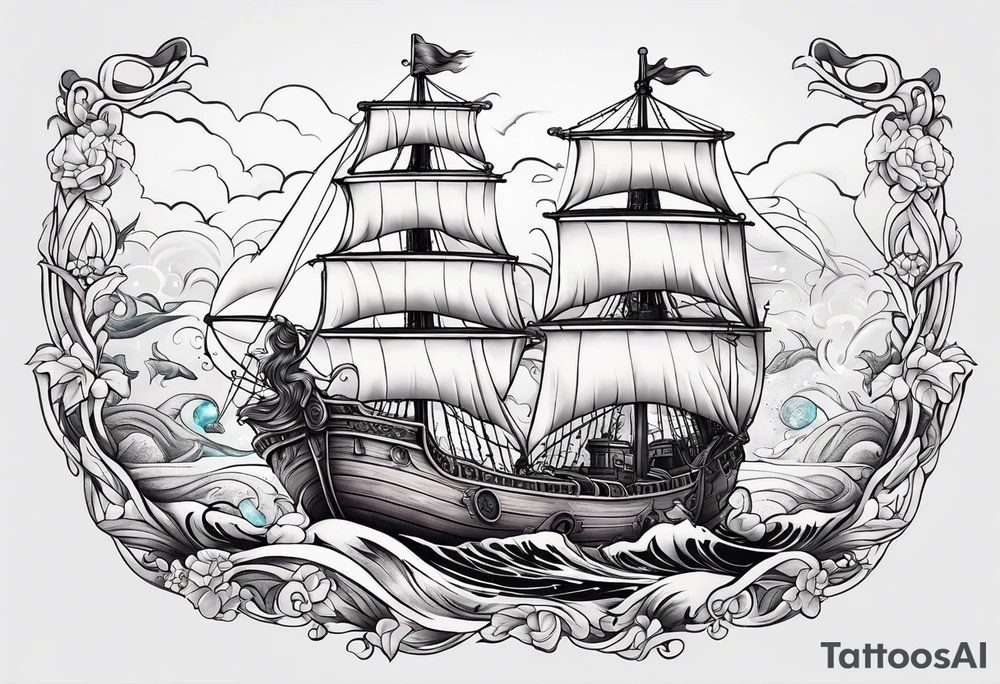 mermaid with galleon ship tattoo idea