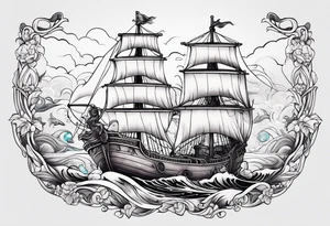 mermaid with galleon ship tattoo idea