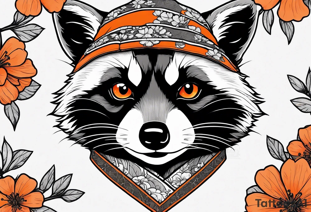 raccoon wearing a black and white Superman hoodie and orange Japanese cherry blossoms tattoo idea