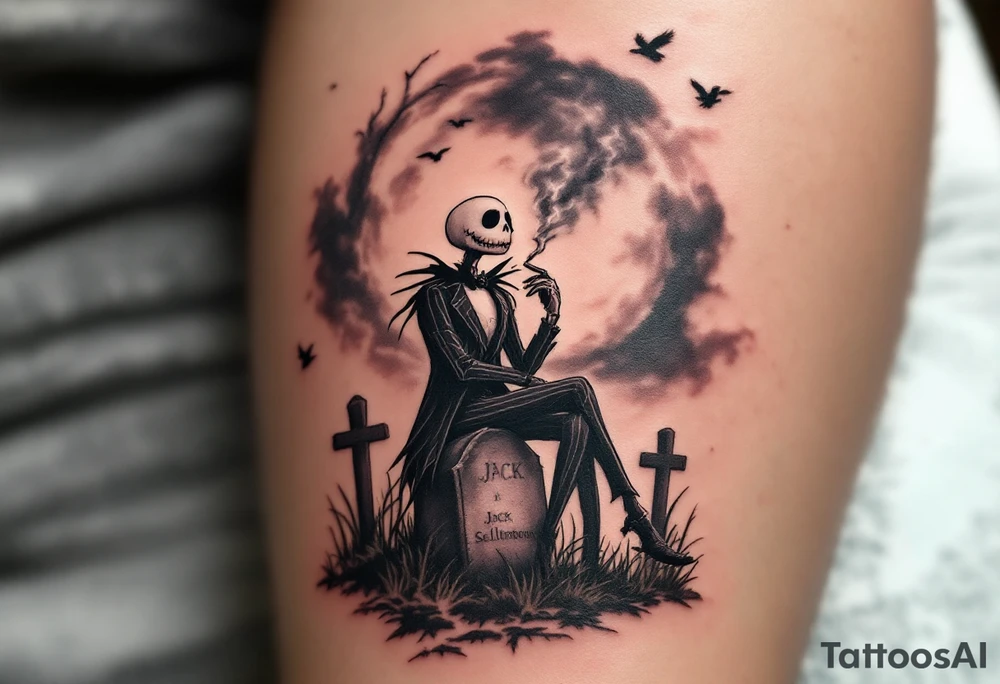 jack skellington smoking,sitting on tombstone, birds, thunderstorm tattoo idea