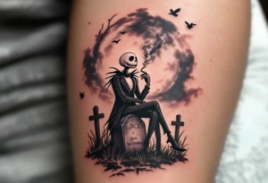 jack skellington smoking,sitting on tombstone, birds, thunderstorm tattoo idea