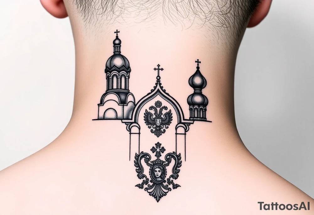medium sized Russian orthodox church with bulb domes with a prominent russian orthodox coat of arms & virgin mary tattoo idea