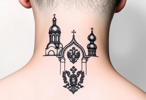 medium sized Russian orthodox church with bulb domes with a prominent russian orthodox coat of arms & virgin mary tattoo idea