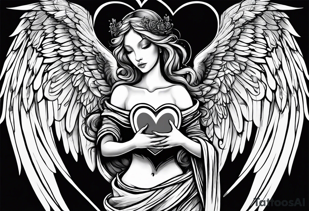 angel holding a heart in both her arms, name Leah is written in gothic letters. tattoo idea