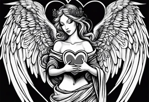 angel holding a heart in both her arms, name Leah is written in gothic letters. tattoo idea