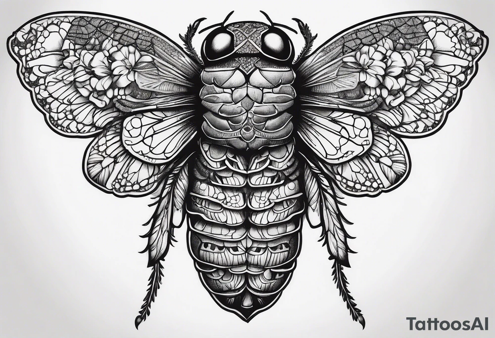 Cicada stippled and shaded with human skulls on top and bottom tattoo idea
