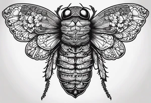 Cicada stippled and shaded with human skulls on top and bottom tattoo idea