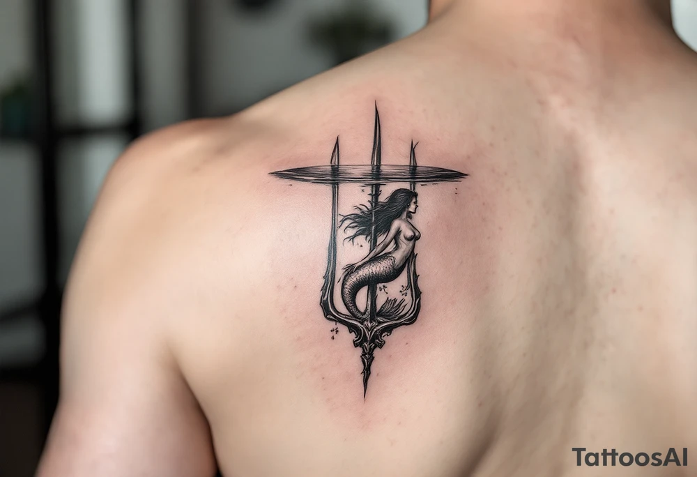 trident half way under calm water with mermaid tattoo idea