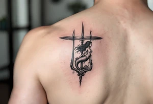 trident half way under calm water with mermaid tattoo idea
