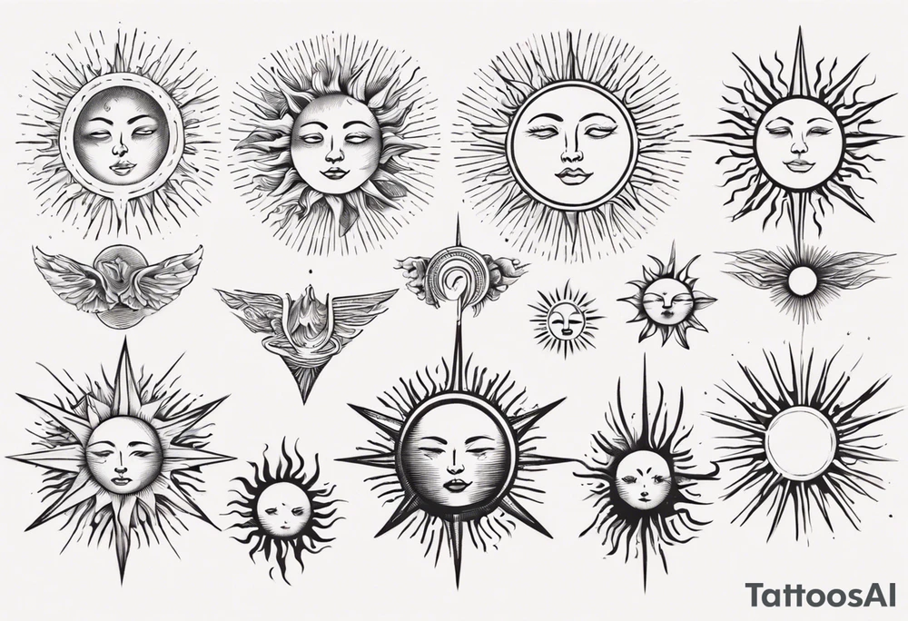 Linework of Sun with rays tattoo idea