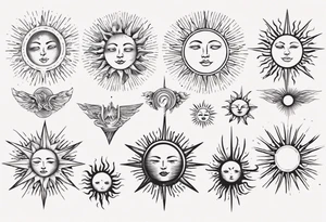 Linework of Sun with rays tattoo idea