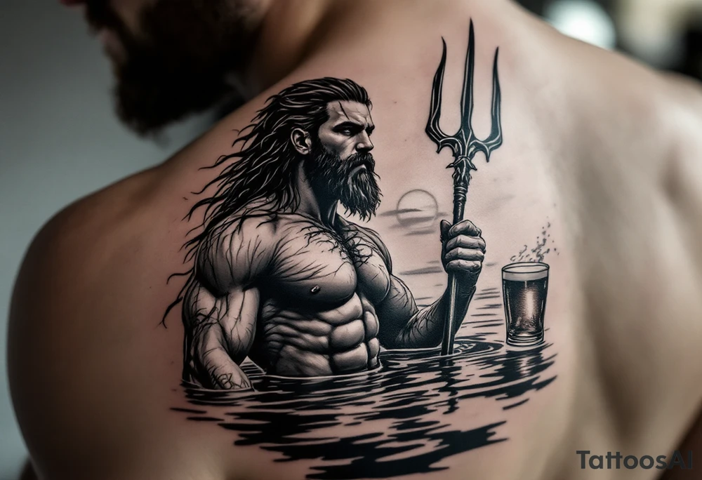 young, fit poseidon in calm water, holding a trident, holding a beer, with sunset tattoo idea