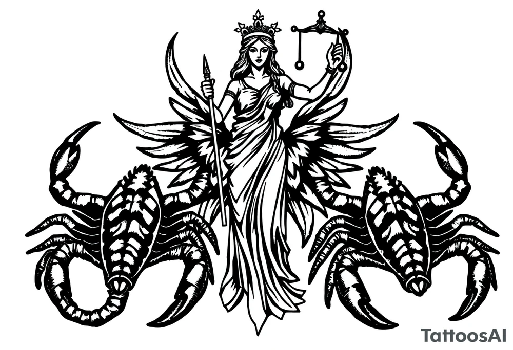 The figure of Lady Justice next to two Scorpions tattoo idea