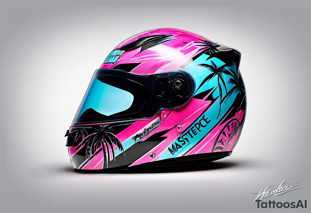 Formula 1 helment with miami name a palm tree and light blue black and pink colors tattoo idea