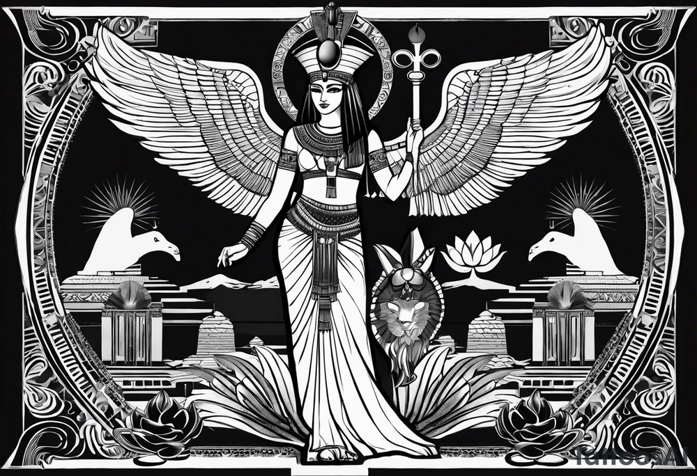 black and white Egyptian goddess Isis, who is often depicted as a woman with outstretched wings, holding an ankh (a symbol of life) in one hand and a lotus flower in the other. Her headdress often includes a throne or a solar disk. The tattoo design can vary in style and size, but it typically aims to capture the essence of this revered Egyptian deity, emphasizing her beauty, power, and maternal qualities. The choice of colors and additional elements can also be customized to create a unique and visually striking representation of the goddess Isis tattoo idea