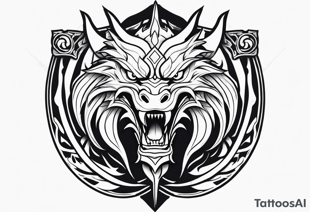 Valhalla sword shield dragon head muscle tattoo idea