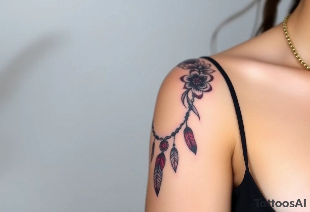 Half sleeve on arm. I already have a girl with flower crown in my shoulder and upper outer arm. Add a dream catcher and Catrina face. Use black and red ink. tattoo idea