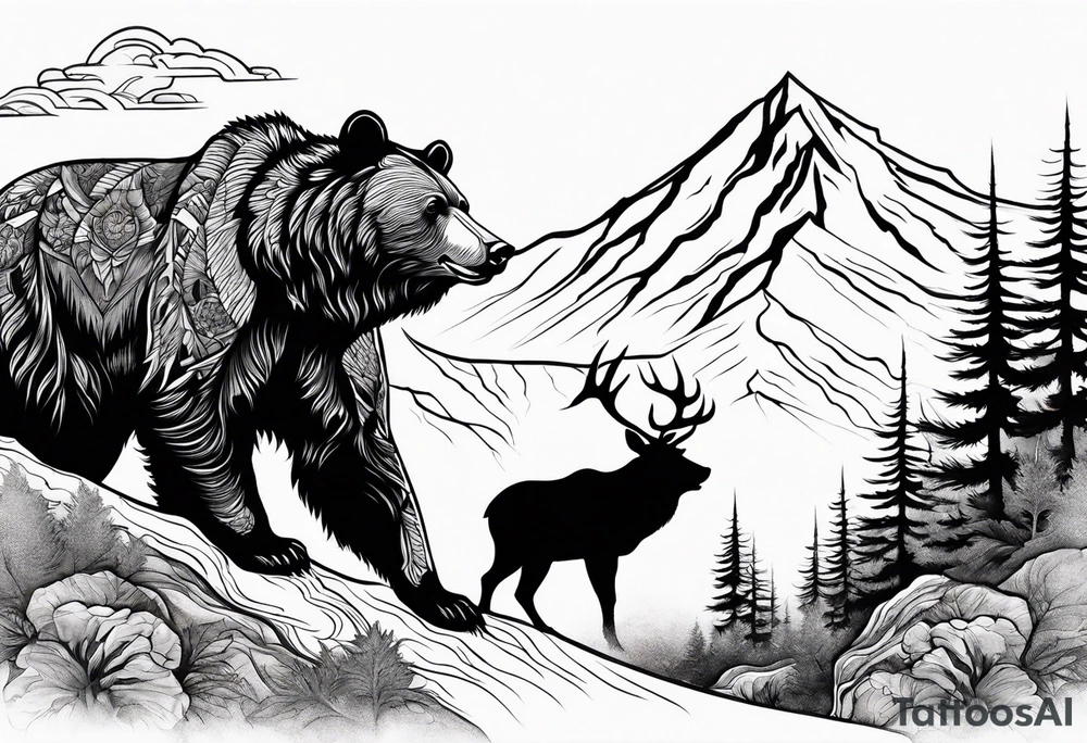 Bear in the mountains, hunting elk and deer tattoo idea