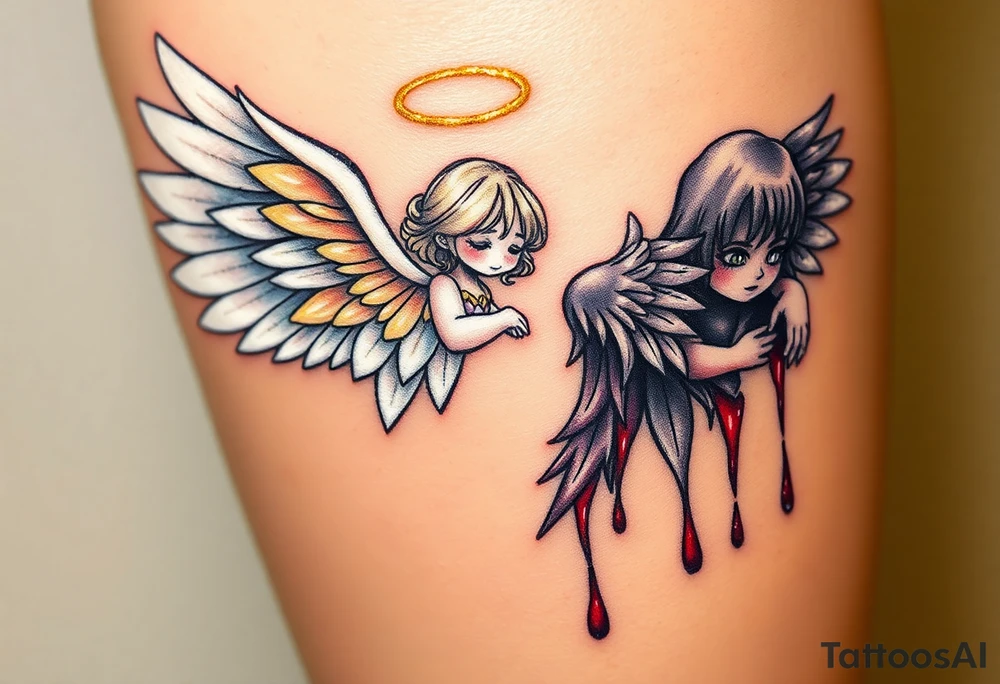 angel, with brilliant white wings that shine with golden accents and divine light, is contrasted with a fallen angel, whose wings are tattered and darkened with deep purples, reds, and blacks, dripping with sorrowful tears of blood. tattoo idea