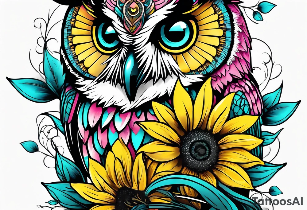 Sleeve with teal, pink and yellow owl and yellow sunflowers tattoo idea