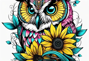 Sleeve with teal, pink and yellow owl and yellow sunflowers tattoo idea