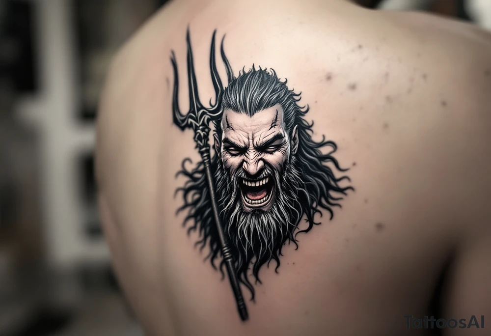 laughing poseidon, behind a trident, looking at his nose tattoo idea