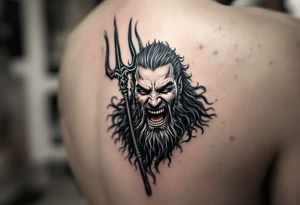 laughing poseidon, behind a trident, looking at his nose tattoo idea