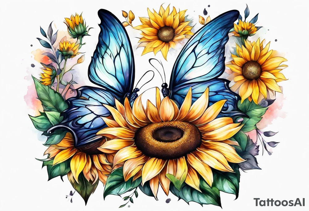 Sleeve with angel wings, sunflower and butterfly tattoo idea