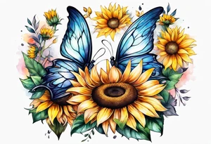 Sleeve with angel wings, sunflower and butterfly tattoo idea