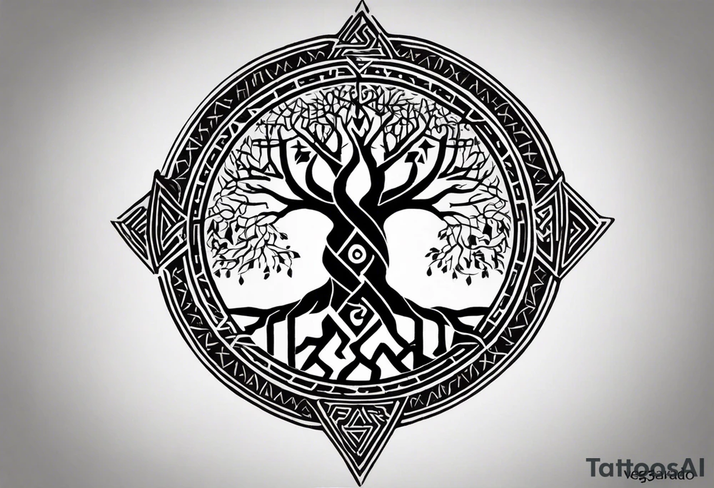 Yggdrasil: In the center of the forearm, representing the connection between the nine worlds.
Vegvisir: Integrated alongside Yggdrasil, symbolizing direction and protection.
Valknut: Placed near Yggdrasil, symbolizing the connection with Odin.
A chain filled of the following runes surrounding the forearm and previous tatto:
Uruz (ᚢ) The Uruz
Raido (ᚱ) The Raido
Gebo (ᚷ) The World
Perthro (ᛈ)
Elhaz (ᛉ) The Great One
Laguz (ᛚ) The Laguz
Odin’s Ravens: Located near Yggdrasil, representing wisdom.
Nine Worlds: Subtly integrated into the design of Yggdrasil. tattoo idea