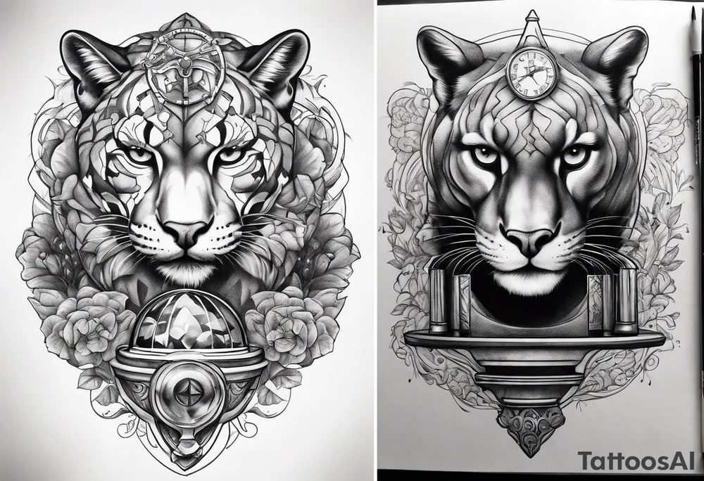 Brain in sagittal and angry cougar inside hourglass tattoo idea Brain in sagittal and angry cougar inside hourglass tattoo idea