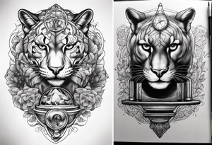 Brain in sagittal and angry cougar inside hourglass tattoo idea