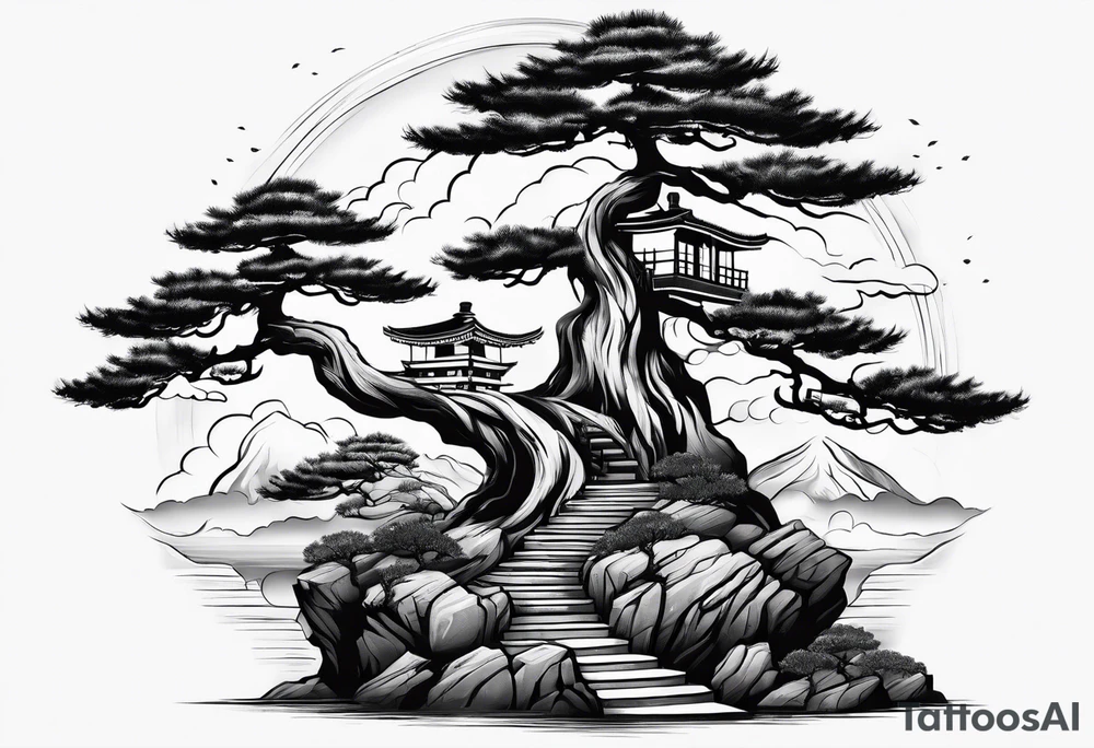 Seven stairs leading to bonsai tree tattoo idea