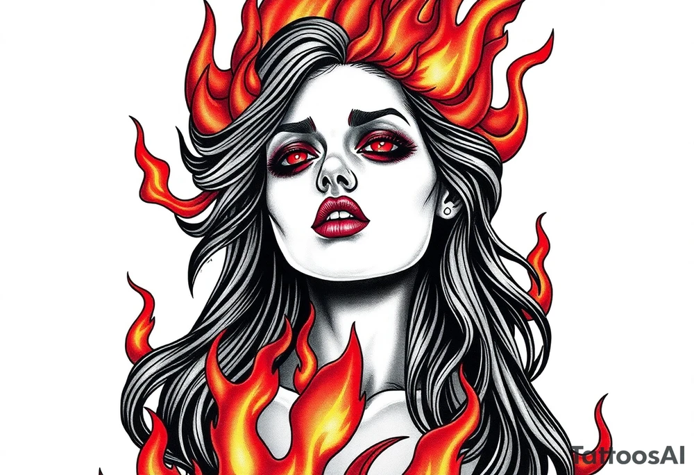 Evil young woman in the flame tattoo idea