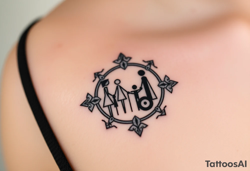 Magestic symbol of mom and dad with 3 kids surrounded by geometric patterns, Gemini sign, and ying yang tattoo idea