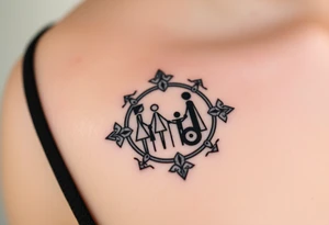 Magestic symbol of mom and dad with 3 kids surrounded by geometric patterns, Gemini sign, and ying yang tattoo idea