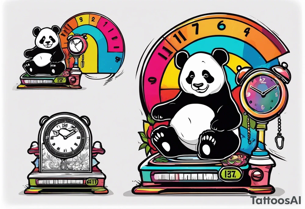 panda on a scale displaying 7.11 lbs and a digital clock showing 1:17 tattoo idea