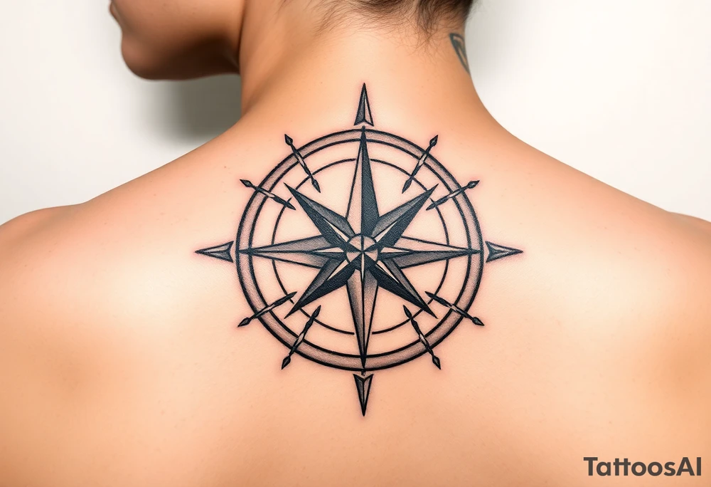 Traditional compass rose with no outline, antique bronze colors, for left side of female's neck tattoo idea
