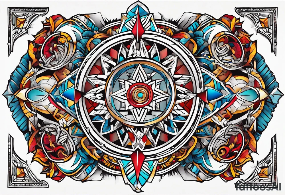 Geometric tapestry with trident and and marathon on arm tattoo idea