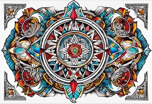 Geometric tapestry with trident and and marathon on arm tattoo idea