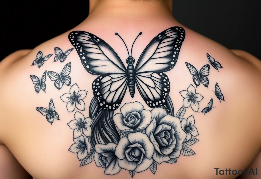 Medium  and small butterflys surrounding a the biggest butter fly then uber the biggest butterfly that's in the top center of tatto a womens nose mouth and have is formed but her eyes are covered by the lower part of the biggest butterfly in the center women long hair is flowing g down with more small and. Smaller batteries and a rose bush mixed with some Beautiful pink plumeria tattoo idea