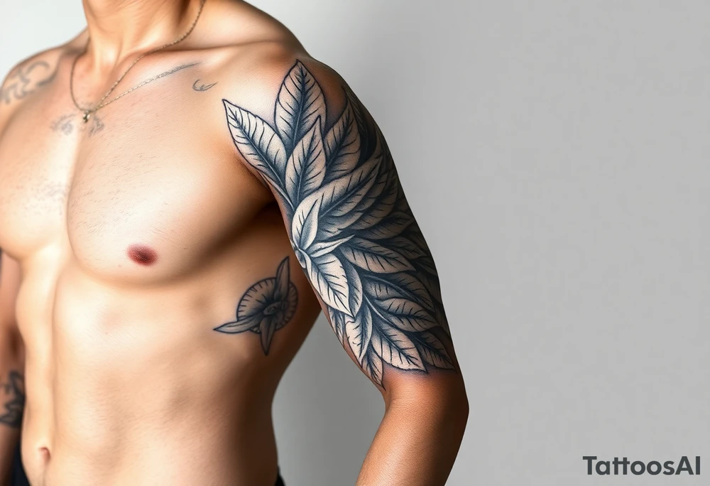 Full Sleeve tattoo including details of jungle leaves, , Puerto Rican/Taino/Filipino tribal patterns, angel wing tattoo idea