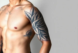 Full Sleeve tattoo including details of jungle leaves, , Puerto Rican/Taino/Filipino tribal patterns, angel wing tattoo idea
