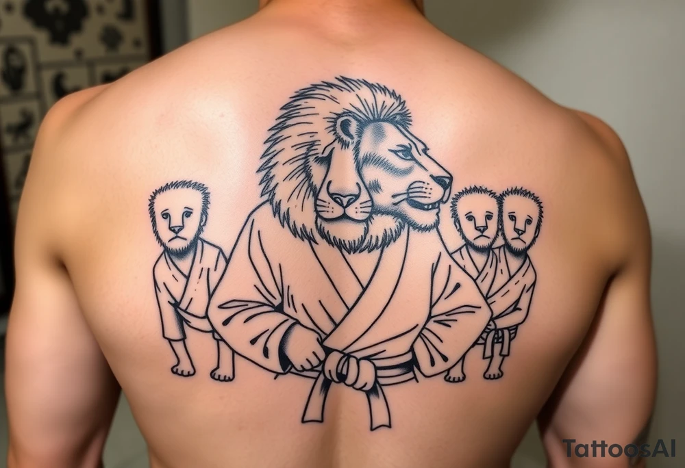 Lion in the Serengeti wearing a Brazilian hi jitsu gi as a person would along side his two sons tattoo idea
