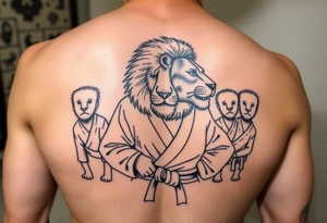 Lion in the Serengeti wearing a Brazilian hi jitsu gi as a person would along side his two sons tattoo idea