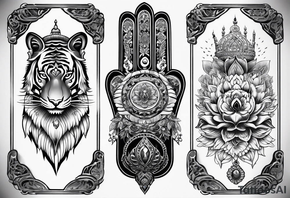 Hamsa with tiger and crane fighting inside tattoo idea