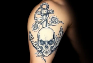 weathered anchor wrapped in nautical rope with sea waves and Roses below aged skull,. tattoo idea